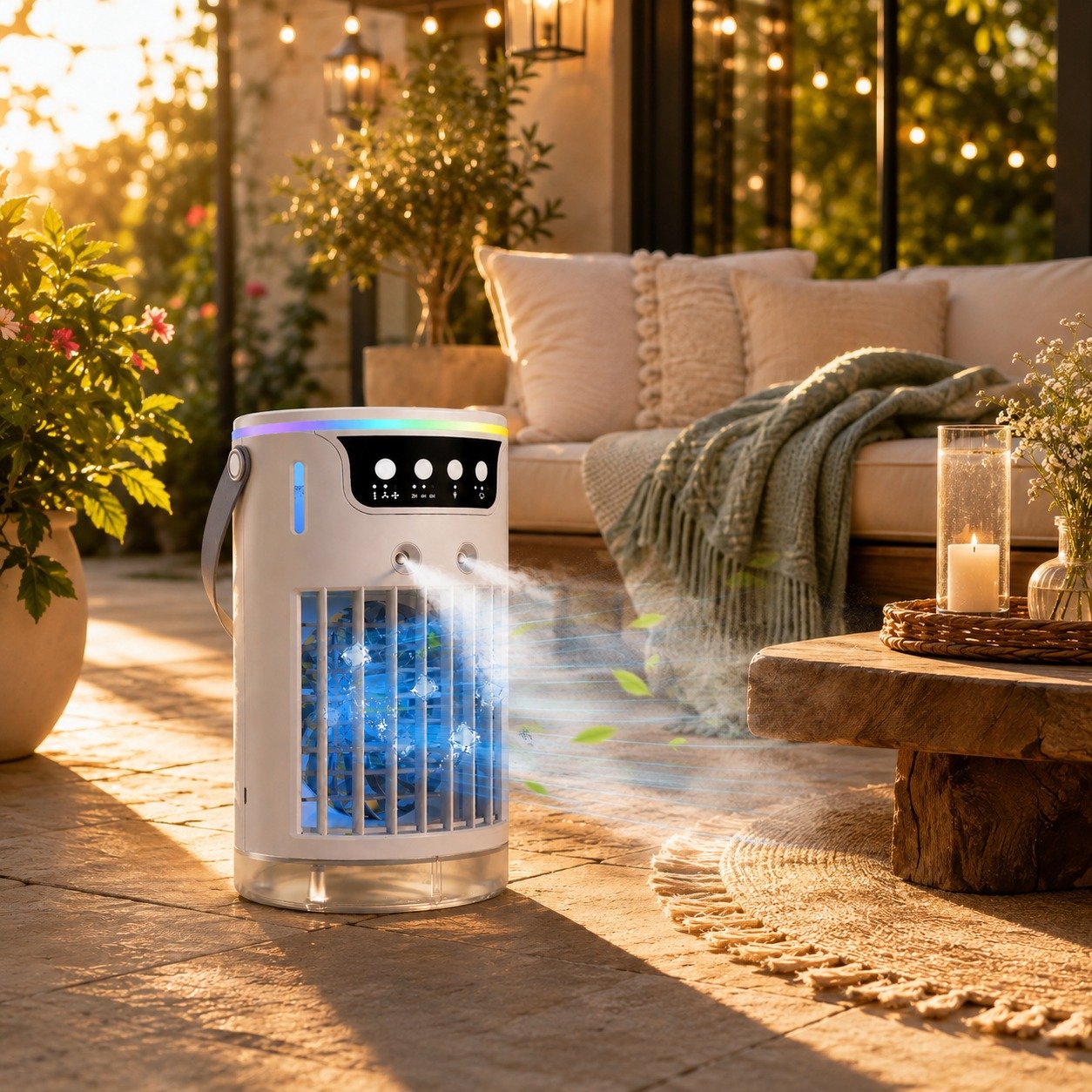 A portable misting cooling fan for warm days