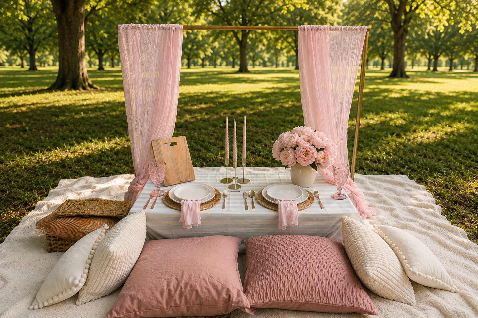 Pink draped garden picnic setting with cream textiles, candles and peonies