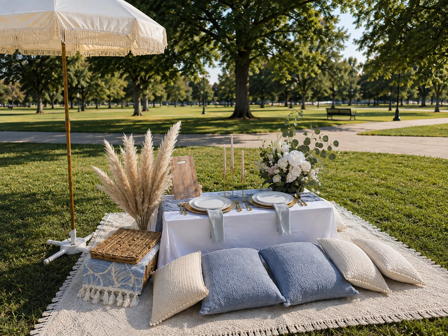 Blue and white picnic setting with gold details and a white fringe shade umbrella