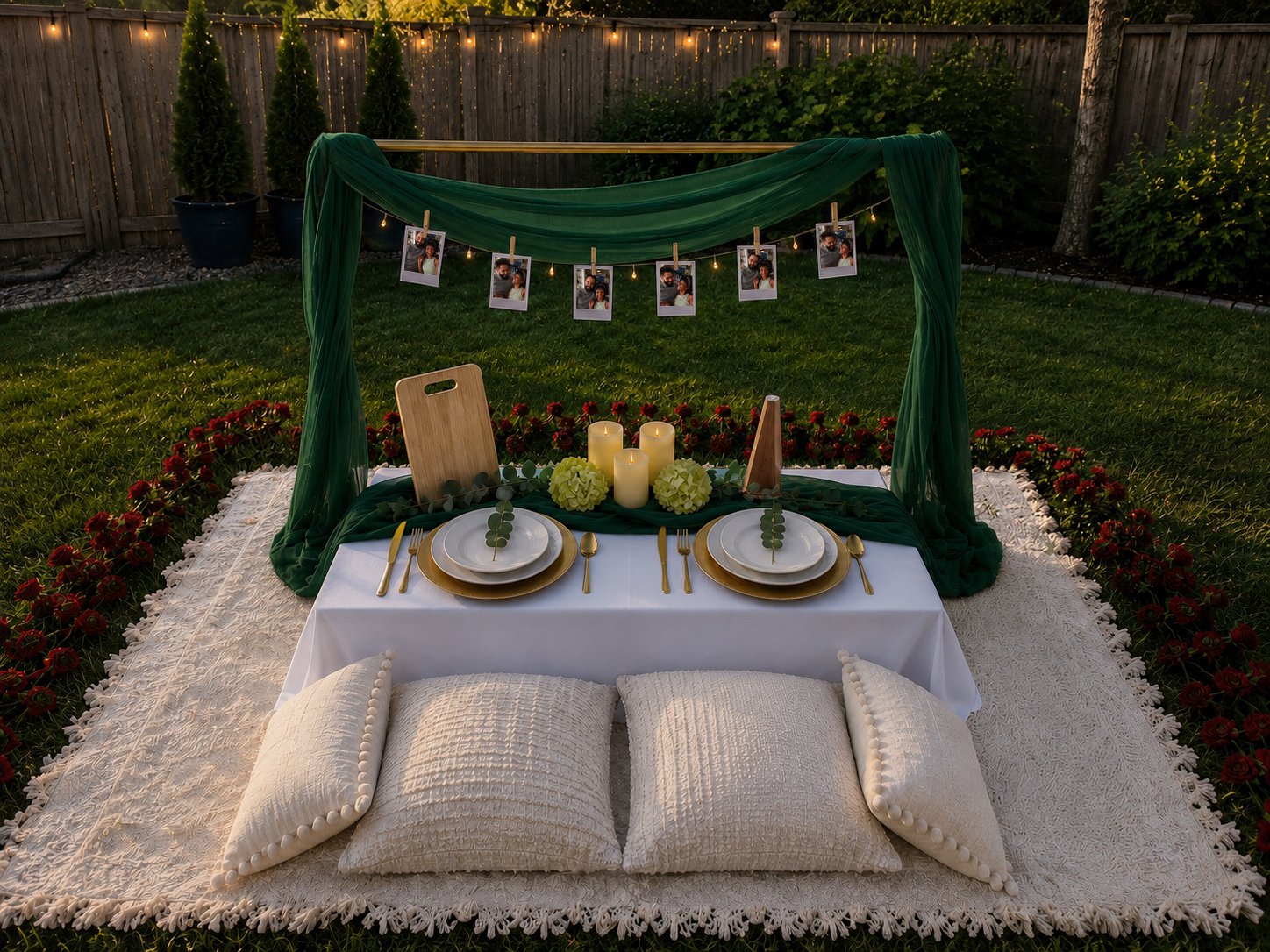 Emerald-draped backyard setting with a gold arch strung with photos, candles and gold place settings