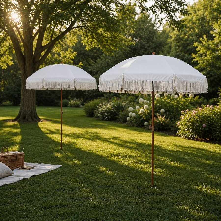 Two fringed umbrellas shading a garden gathering