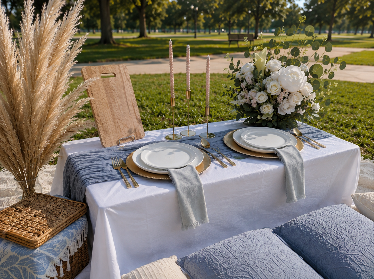 Powder-blue outdoor table setting with white flowers, gold details and pampas