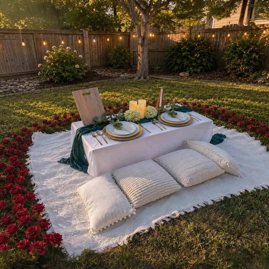 A table framed with silk roses along the edges
